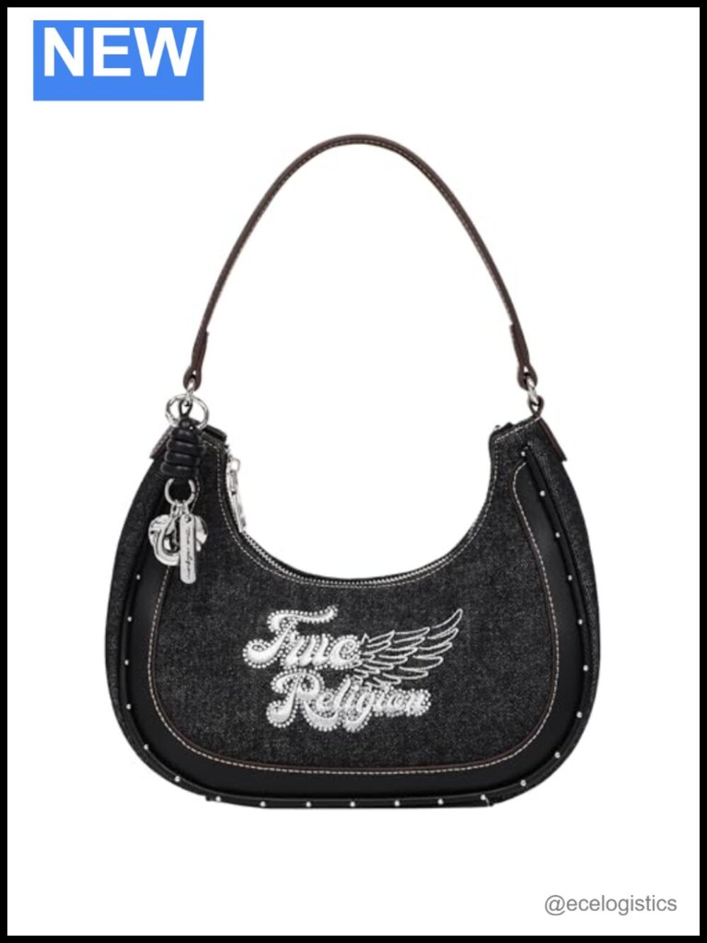True Religion Denim Hobo Bag with Wing Logo, Red Faux Leather Trim, Silver Studs